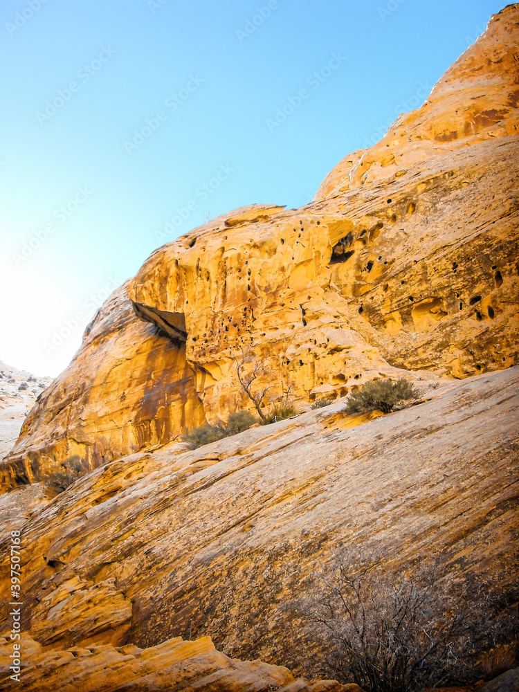 Obraz premium Strange colors and textures of The Great Wash canyon in late autumn, Capitol Reef National Park, south central Utah