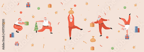 Funny Santa Claus doing morning exercises vector flat illustration. Cute winter holidays greeting card template. Gift boxes, Christmas tree, decorating balls and Santa Claus doing sport.