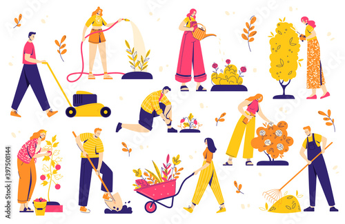 Gardening people set, diverse people men and women, doing hobby garden work: watering, planting, cutting, hoeing, arranging. Spring gardening concept.