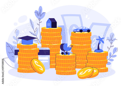 Family budget concept. Distribution of finances by categories: education, transport, recreation, child, home. Stacks of moent, bills and card.