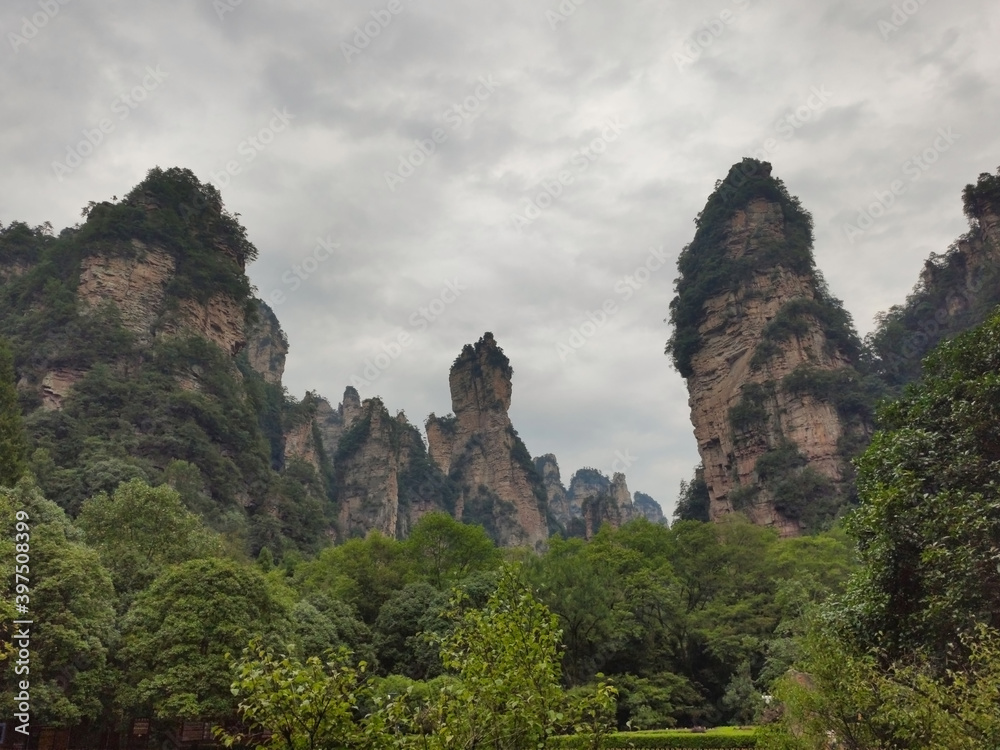 The sandstone pillars. Mountains in the national park Wulingyuan. Zhangjiajie. UNESCO World Heritage Site. China. Asia
