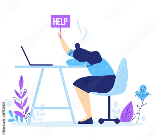 Professional and emotional burnout syndrome. Exhausted male manager sitting at the office. Tired businesswoman holds the sign Help. Hard work.