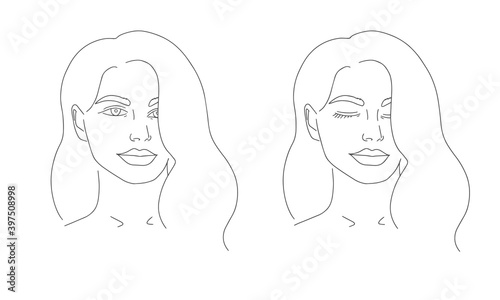 Set of minimalistic female face with open and close eyes. Linear female portrait. Modern abstract line art style. Vector illustration. 