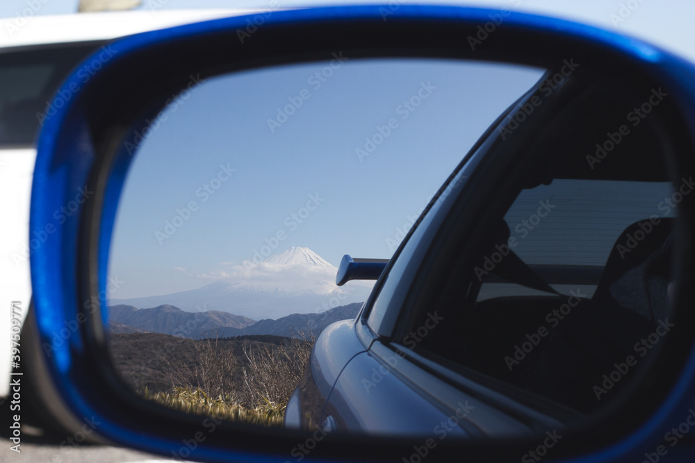 Mt. Fuji in the reflection of a GTR Rearview mirror