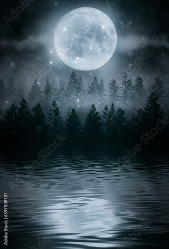 Foggy dark forest. Night view, fog, smog. Wild forest nature, forest landscape, moonlight reflection in water, forest landscape. Abstract fantasy forest with a river. 