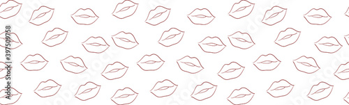 Purple outline woman lips chaotic seamless border on transparent background
