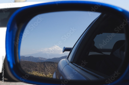 Mt. Fuji in the reflection of a GTR Rearview mirror © Calen