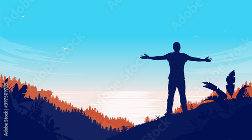 Man taking in the view of seascape - Silhouette of male person with arms out in nature landscape. Freedom and carefree concept. Vector illustration.