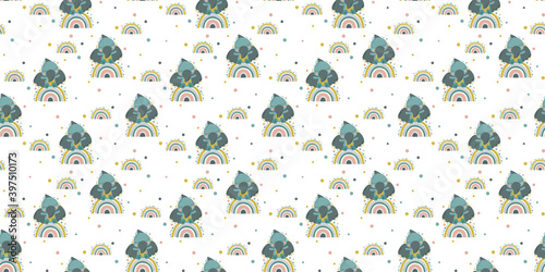 Seamless pattern of cute cartoon pterosaur toddlers sitting on a rainbows on a white background. For printing on baby clothes and products, nursery wallpaper, textile, digital paper, fabric. Vector.