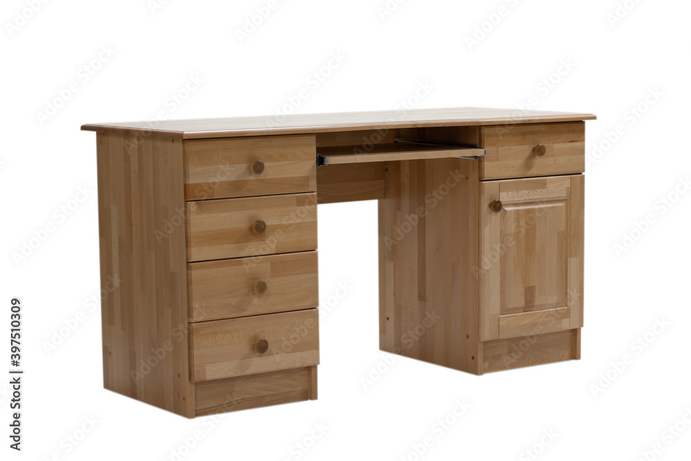 Classical writing desk with drawers and computer keyboard stand isolated on a white background. Classical writing desk with drawers and computer keyboard stand isolated on a white background.
