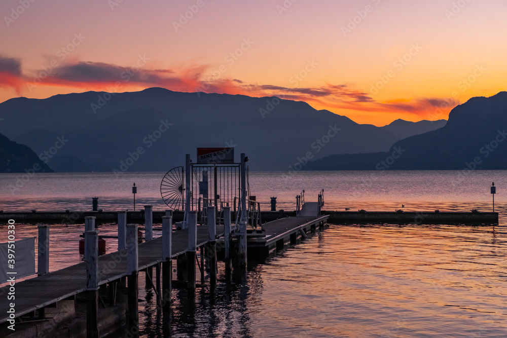 Beautiful winter sunset in Como lake Italy