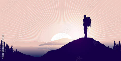 Find meaning in life - Silhouette of backpacker on hilltop watching epic landscape and sunrise. Vector illustration