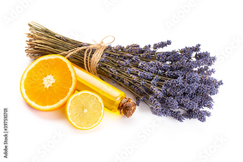 lavender spa products with dried lavender flowers on a isolated background.
