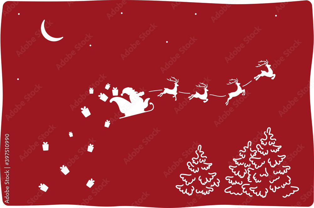 Template with santa in the sky for laser cut. Contour of Santa Claus flying with reindeer with gifts.