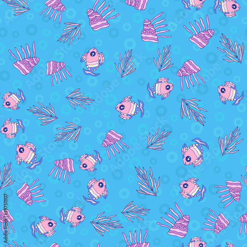 Seamless pattern with different underwater elements. Fish, coral, shell on blue background. Vector illustration