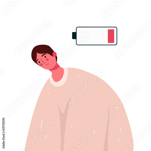 Emotional burnout man with low battery. Young overworked man feeling exhausted. Hard work. Psychological disorder, apathy idea.Deadline,stress, depression and fatigue concept.Vector illustration.
