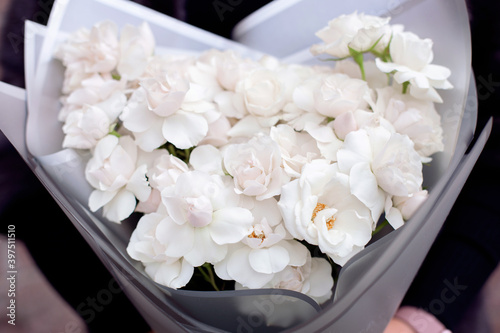 Fototapeta Naklejka Na Ścianę i Meble -  Female hands with beautiful winter flowers, white roses and peonies