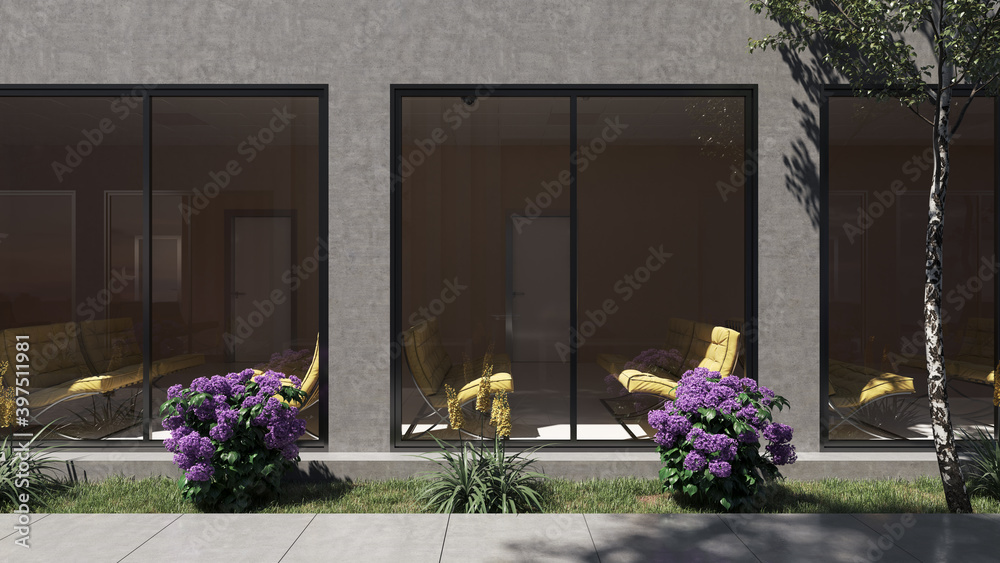 Exterior View of a Ground Floor Waiting Room in Natural Daylight 3D Rendering