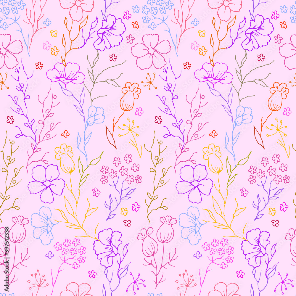 seamless pattern with stylized flowers, leaves and branches