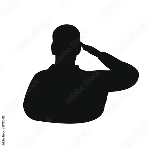 Saluting man black silhouette icon. Military honour gesture symbol. Isolated vector illustration.