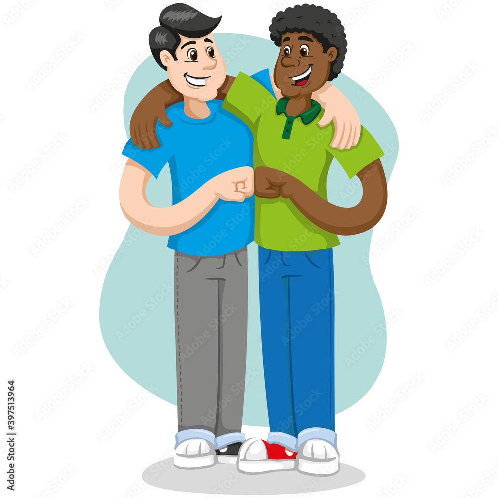 Illustration embrace of friends, friendship and interracial companionship. Against prejudice and segregation. Ideal for catalogs, newsletters and recycling guides