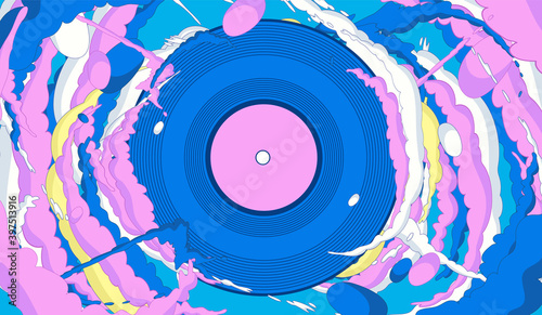 Vinyl record party illustration - Music record spinning with colourful smoke trails. Vector illustration