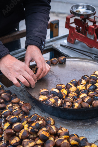 fried chestnut vendor, street food, kitchen scales