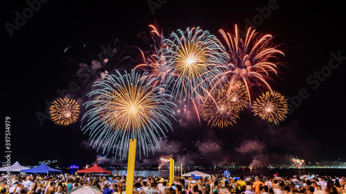 Night images of the arrival of the New Year (Réveillon). Event with party, concerts and fireworks. People observe the lights and colors of the explosions on a beach in Rio de Janeiro, Brazil
