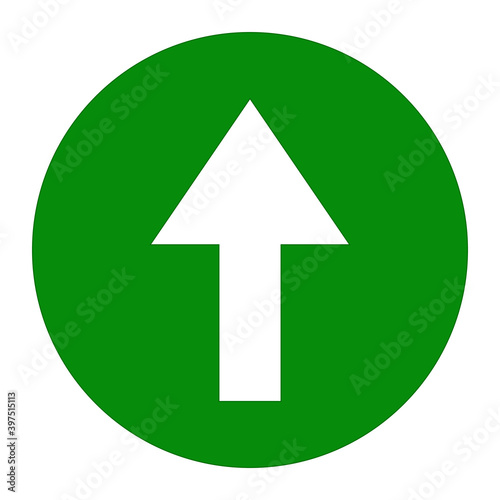 White up arrow icon on green background round shape