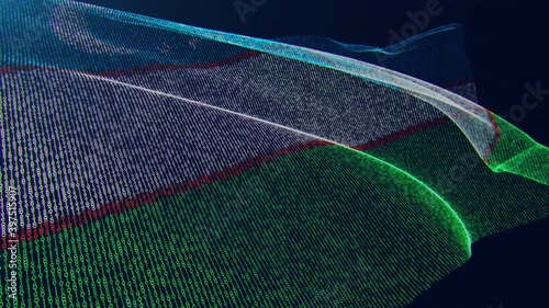 3d render. Uzbekistan digital flag with binary code texture flies in the wind. Seamless loop.