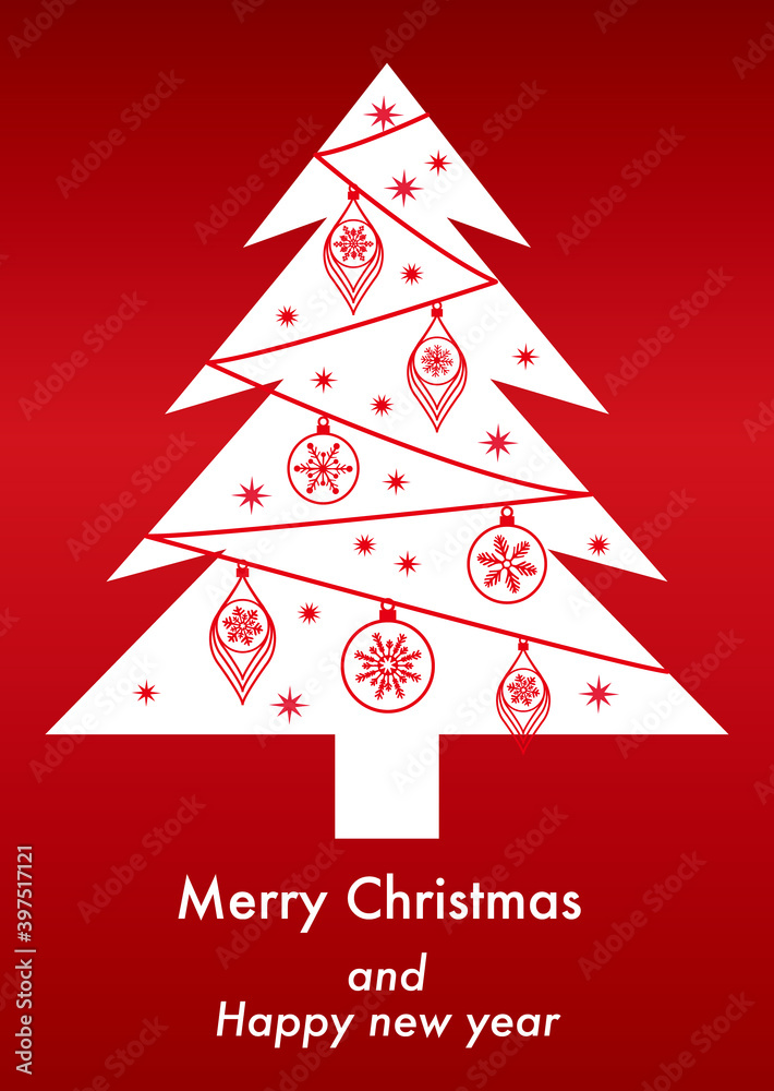 Naklejka premium Christmas greeting card Vector illustration. Holiday greeting card decoration with Christmas tree and ornaments.クリスマスカードイラスト、クリスマスツリーイラスト、クリスマスハガキイラスト