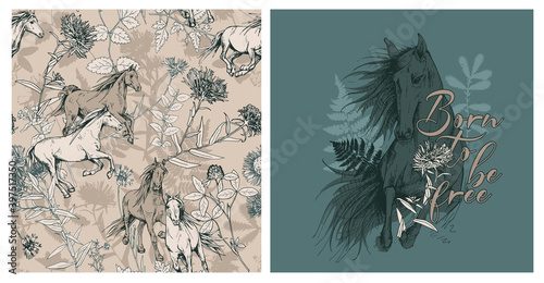 Set of print and seamless wallpaper pattern. Running horses and Herbarium wildflowers, cornflowers, herbs flowers and leaves. Textile composition, hand drawn style print. Vector illustration.