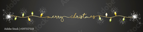 Merry Christmas gold handwritten line design lettering tipography Christmas lights pattern sparkle firework black background