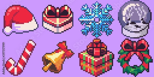 Christmas Pixel Art Icons including santa hat  gifts  snowflake  winter globe  candy cane and similar items
