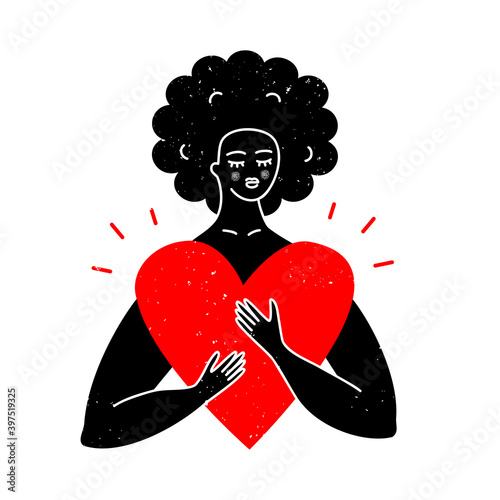 Beautiful black woman holding a red heart. Love, self care, support, feminism concept. Isolated abstract flat vector illustration for modern poster, print design. Female character silhouette