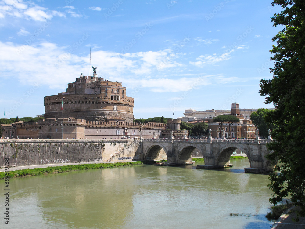 Rome, Italy - Ponte Sant'Angelo, a bridge across the Tiber river in Rome, leading to Castel Sant’Angelo, also known as Hadrian’s Mausoleum. It was built between between 123 – 139 AD.