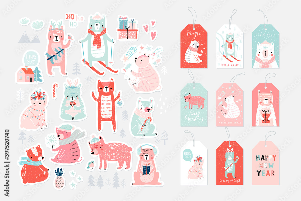Christmas card set with Cute Bears celebrating Christmas eve, handwritten letterings and other elements. Funny characters.