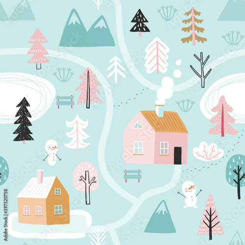 Seamless pattern with Cute winter trees. Childish Colorful Background.