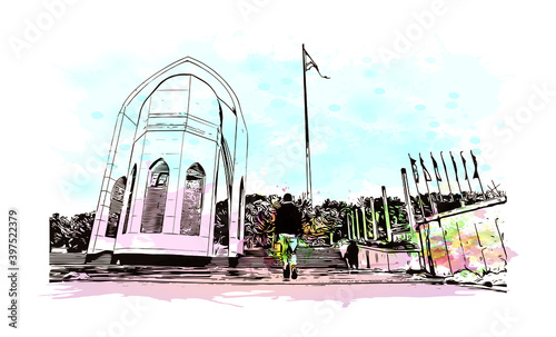 Building view with landmark of Tochal Complex consists of many recreational and sports facilities in  Velenjak, north of Tehran. Watercolour splash with hand drawn sketch illustration in vector.