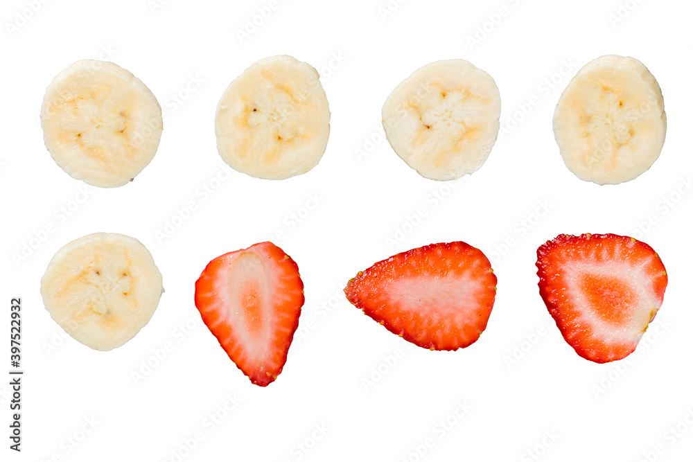 bananas and strowberries slices isolated on white background bananas and strowberries slices isolated on white background