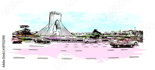 Building view with landmark of Tochal Complex consists of many recreational and sports facilities in  Velenjak, north of Tehran. Watercolour splash with hand drawn sketch illustration in vector.