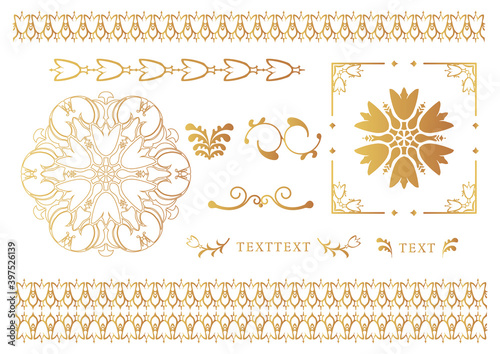 百合のヴィンテージ風フレーム、ライン　背景なし