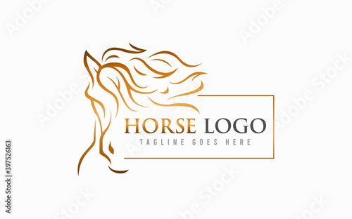 Abstract Golden Horse Logo Design. Luxury Horse Logo Design Usable For Business, Foundation, Industrial, Services Company. Flat Vector Logo Design.