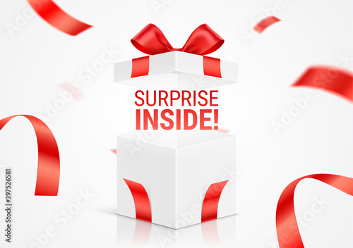 Opened white gift box, with Surprise Inside message. Exploded realistic gift box with red ribbons. Vector card design, for prize offer promotion.