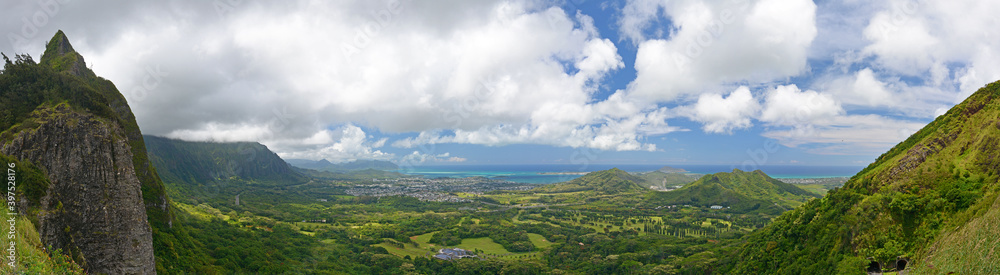 Nuuanu Pali lookout scenic panorama view overlooking Pali Golf Course and Kaneohe on Oahu, Hawaii