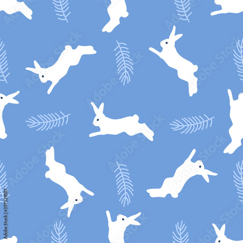Seamless pattern with rabbits and branch.