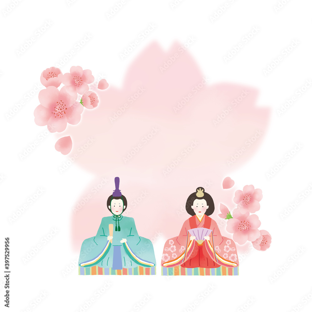 桜と桃の節句の可愛い雛人形のイラスト 桜と桃の節句の可愛い雛人形のイラスト
