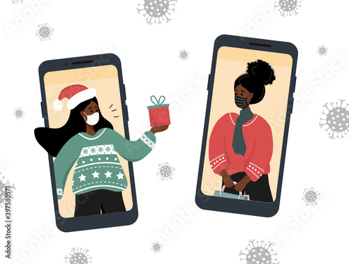 Christmas video call. African girlfriends in face masks sharing gifts online. New Year online party. Women celebrating holidays on video chat. Merry and safe. Vector illustration in flat cartoon style