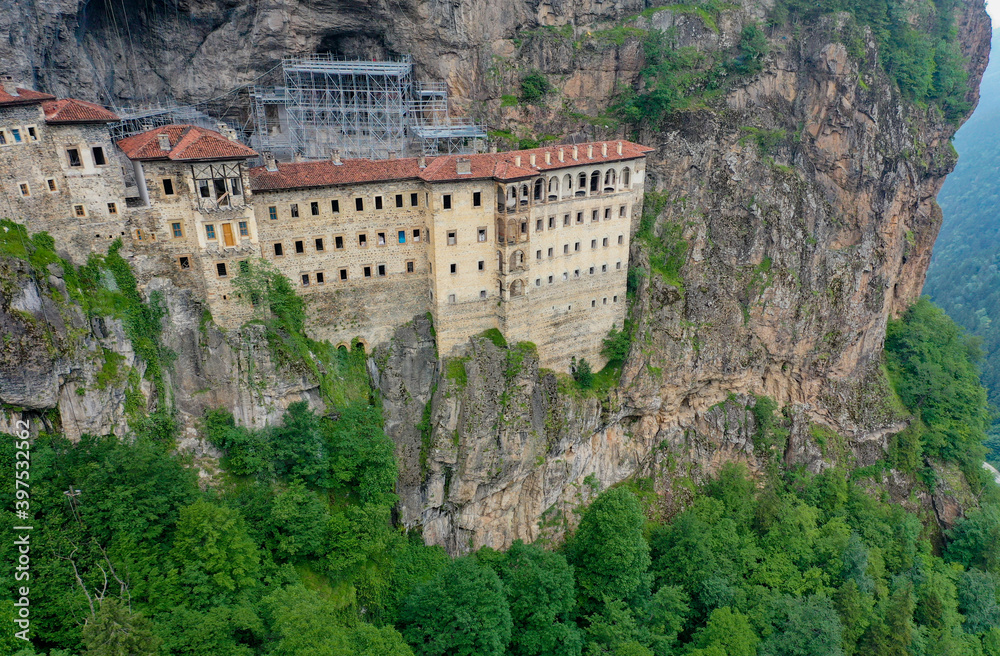 Sumela monasterie from Trabzon aerial view of Sumela with the Drone from above.