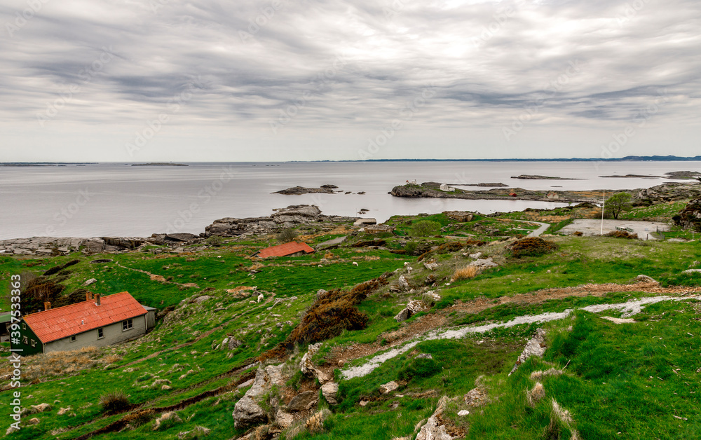 Fjoloy island landscape from the fortress site, Rennesoy kommune, Stavanger, Norway, May 2018